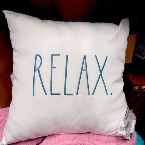 COPY - Rae Dunn White/light blue letters “Relax” Pillow w: umbrella print on ba… - Picture 1 of 4